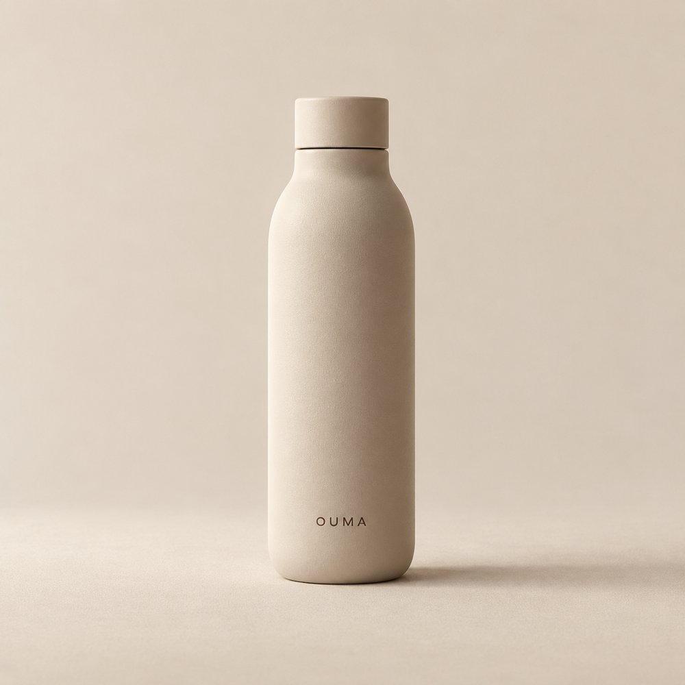 Matte beige OUMA reusable water bottle with matching cap — AI-generated concept.