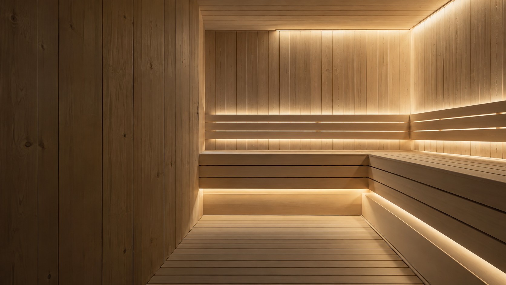 Scandinavian sauna with natural timber benches and warm concealed lighting — AI-generated concept image.